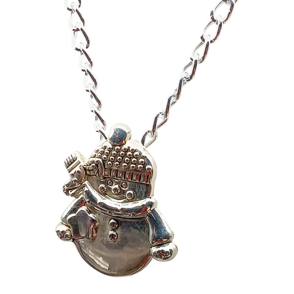 Vintage BEST Silver-Tone Snowman Pendant Brooch on Silver Tone Chunky Chain Neck - Picture 3 of 4